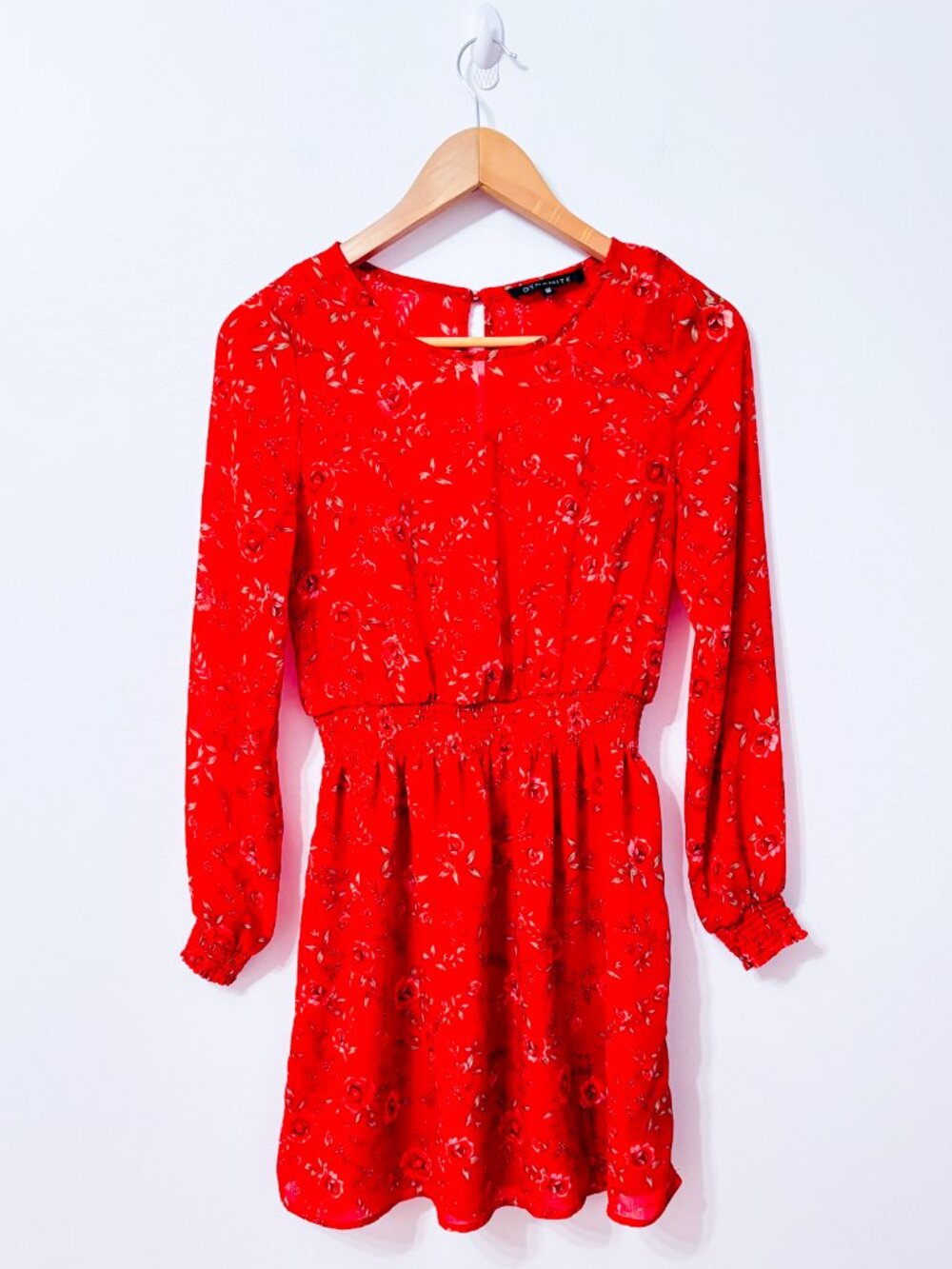 DYNAMITE Red Floral Mini Dress Long Sleeve Smocked Waist Small
